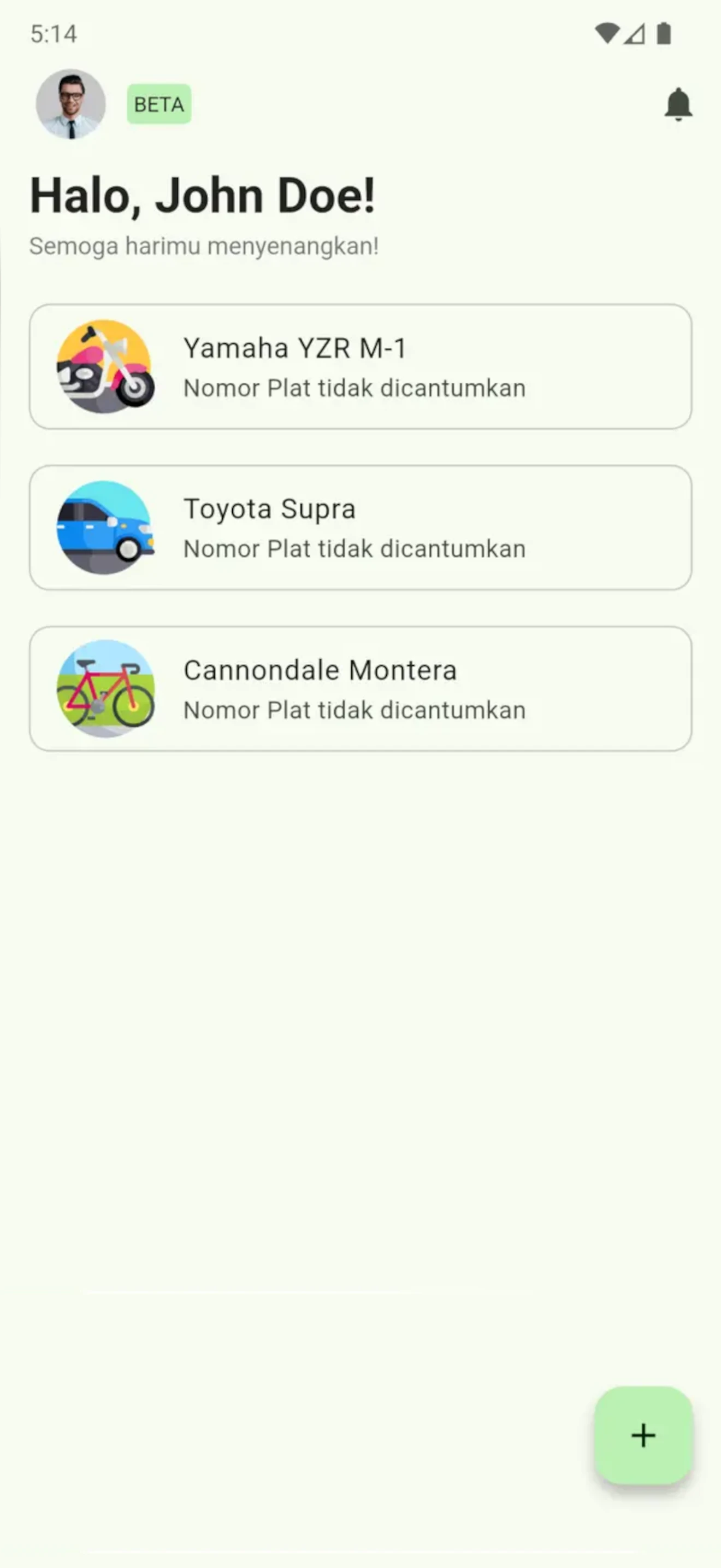 Cekoto home screen listing a motorcycle, a car, and a bicycle